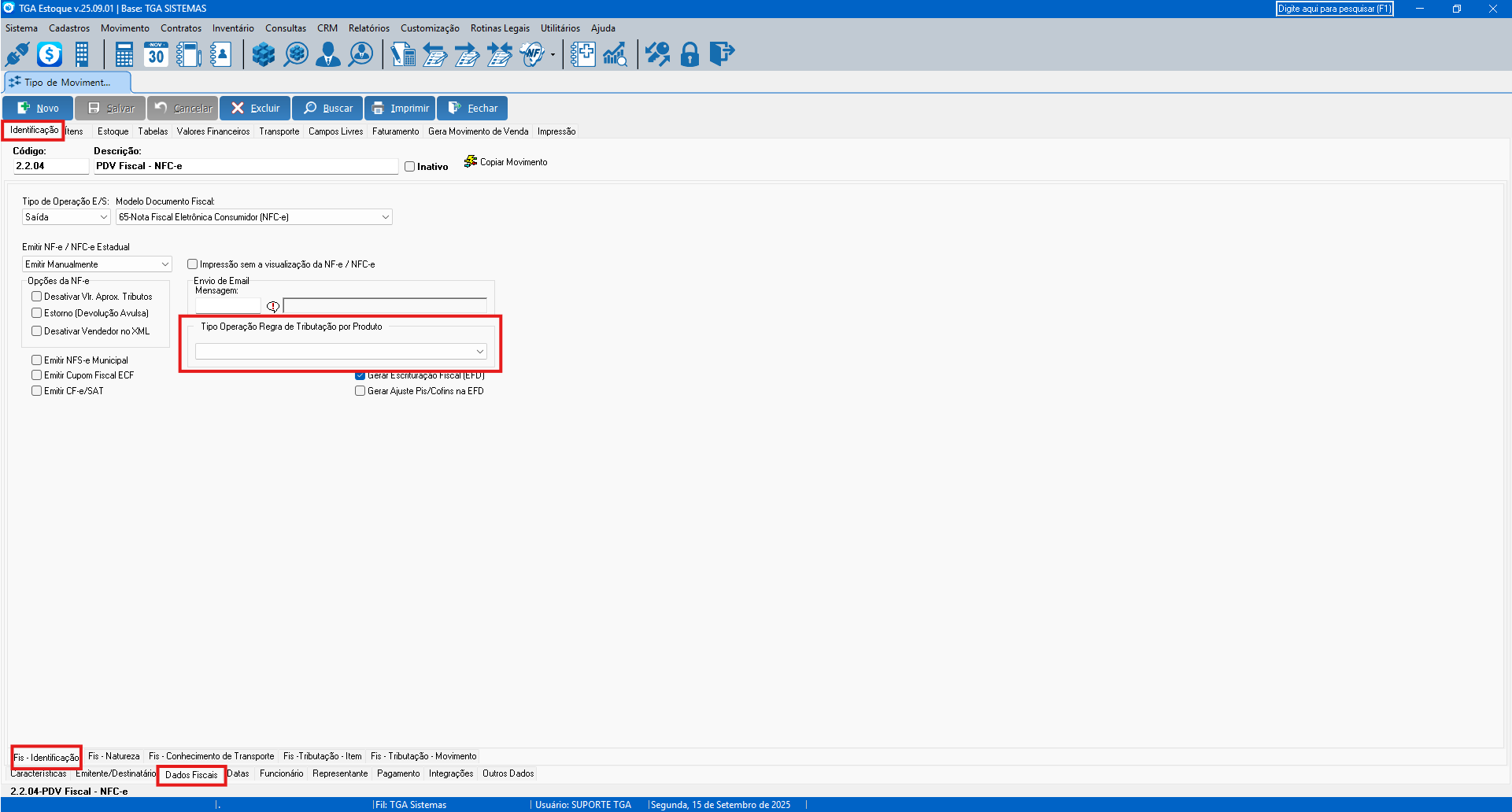 Tipo de operação tributária no movimento